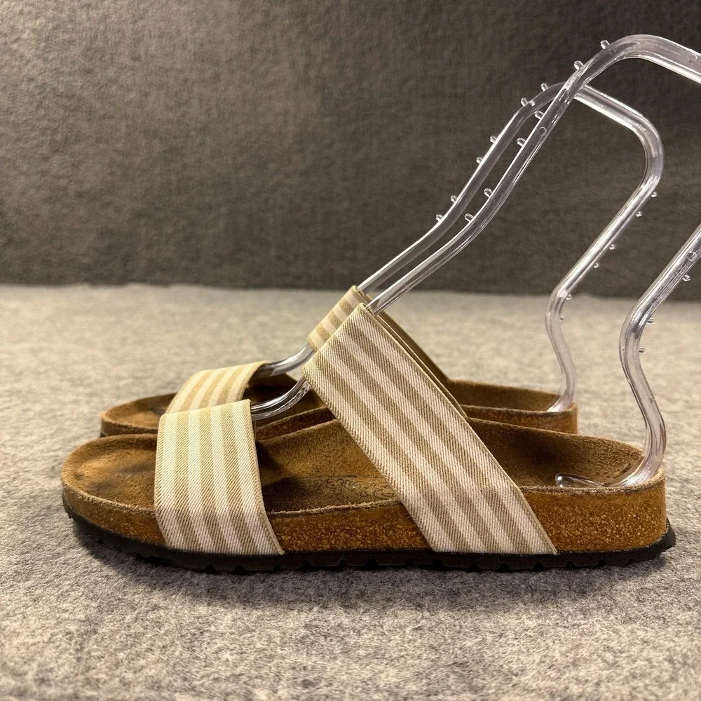 Birkenstock Birki's Sandals Womens 7 38 Beige Striped Slide Cork Comfort‎ Shoes